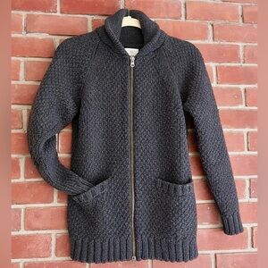AG Adriano Goldschmied chunky knit zip cardigan sweater in charcoal gray.